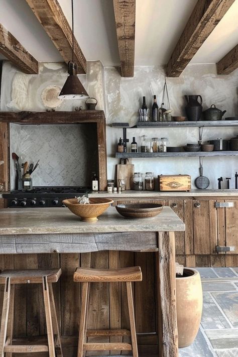 Transform Your Space with Rustic Kitchen Inspirations 🍂✨ Create a warm and charming kitchen with rustic decor. Use natural wood, vintage elements, and cozy accents for a welcoming and timeless look. 🌿🏡 #RusticKitchen #HomeDecor #KitchenInspo #FarmhouseStyle Old Rustic House Interior Design, Cabin Kitchen Aesthetic, Barnwood Kitchen, Rustic Wood Kitchen, Western Luxury, Rustic Backsplash, Rustic Kitchens, Rustic Cabinet, Kitchen Countertop Options