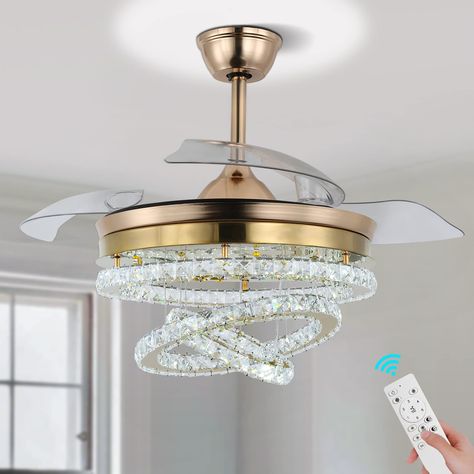 PRICES MAY VARY. Crystal Ceiling Fan: Retractable acrylic blades, LED lights 3 in 1,LED Chips insert.Color: Cool White, Neutral White and Warm White.With Light memory function. Fandeliers Suitable for ALL Seasons:With remote use the reverse DC motor,FORWARD mode in summer, REVERSE mode in winter promote airflow. Celing Fan with Lights Material:Iron+small crystal+ABS (Retractable blades),Size:Height 24.4 inches; 60W*2; two hours timming fuction. Silent Design: Reversible frequency energy-saving s Elegant Ceiling Fan, Chandelier Ceiling Fan, Ceiling Fan With Lights, Chandelier Fan, Ceiling Fan Chandelier, Lead Crystal, Modern Chandelier, Ceiling Light Fixtures, Decor Lighting