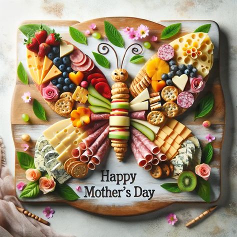 Mother's Day Charcuterie Board Ideas to Honor Mom - Insider Mama | Mom Blog | Mom Life Charcuterie Board Ideas For Mother’s Day, Butterfly Charcuterie Board Ideas, Elephant Charcuterie Board, Charcuterie Board Butterfly, Pregnant Friendly Charcuterie, Butterfly Veggie Tray, Flower Shaped Charcuterie Board, Butterfly Appetizers, Butterfly Shaped Food