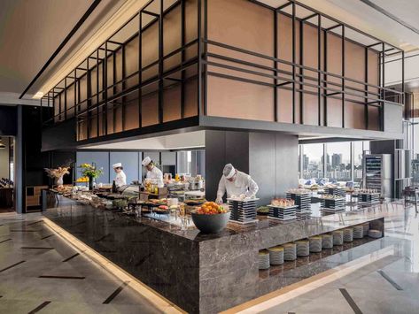 Businesskorea Buffet Restaurant Design, Open Kitchen Restaurant Design, Hotel Kitchen Design, Kitchen Restaurant Design, Open Kitchen Restaurant, Buffet Counter, Restaurant Lighting Design, Show Kitchen, Restaurant Kitchen Design