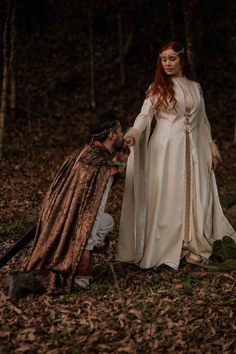 Medieval Themed Wedding Dress, Medieval Wedding Photos, Viking Wedding Suit, Medieval Engagement Photos, Viking Couple Photoshoot, Celtic Photoshoot, Fantasy Wedding Suit, Pagan Marriage, Httyd Wedding