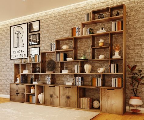 Sturdy Bookshelves, Rustic Shelving, Reclaimed Wood Bookcase, Wood Shelving Units, Wood Entertainment Center, Study Room Design, Brick And Wood, Bookshelf Design, Wood Bookcase