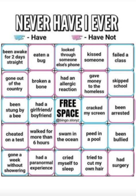 Lmao I didn't get a bingo :( While I was filling this out I was like IDK BRO I MIGHT HAVE WHEN I WAS LIKE 2 OR SMTHN but uhmmmm... imagine failing a class... original: https://pin.it/2xl9drJ Facebook Bingo Game, Never Have I Ever Bingo, Diy Bingo Game, Personality Bingo, Random Bingo, Fill The Jars Template, Snapchat Games, Funny Bingo, Bingo Books