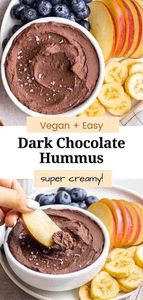 Rich, creamy, and decadent, this dark chocolate hummus is a must-have dip to have on hand! It is super easy to make and is ready in 5 minutes. Incredibly versatile and pairs well with crackers, fruits, and toast. Dark Chocolate Hummus, Brownie Batter Hummus, Vegan Chocolate Brownies, Hummus Recipes, Chocolate Hummus, Vegan Appetizer, Healthy Dark Chocolate, Dessert Hummus, Vegan Snack Recipes