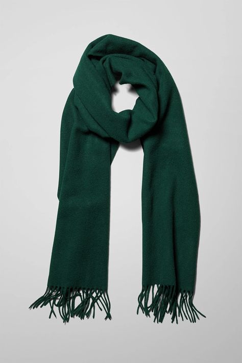 Rei Scarf - Green - Scarves - Weekday GB Emerald Green Scarf, Green Scarf Aesthetic, Aesthetic Scarfs, Green Scarf Outfit, Shuffle Aesthetic, Dark Green Scarf, Goal Aesthetic, Green Scarves, Concept Wardrobe