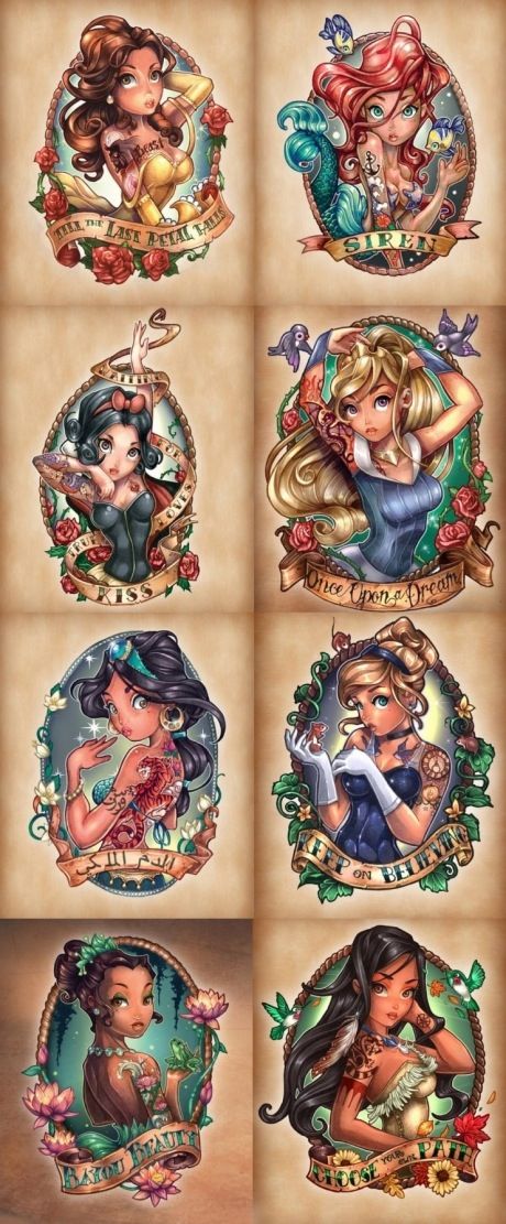 Disney Pinup Tattoo Design, cool way to make something awesome from childhood more "grown up" Anime Pinup Tattoo, Pin Up Princess, Disney Pin Up, Pinup Tattoo, Disney Punk, The Disney Princesses, Princesas Disney Anime, Disney Princess Tattoo, Princess Tattoo