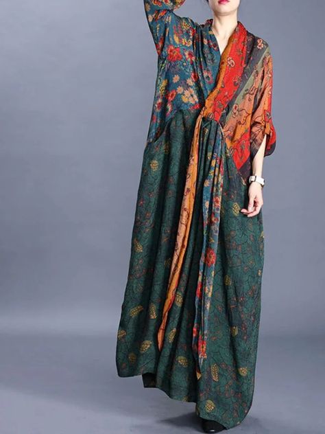 Plus Size V-neck Printed Lacing Spliced Dress – BUYKUD Nature Fabric, Front Knot Dress, Kimono Maxi Dress, Maxi Kimono, Feminine Elegance, Organic Nature, Artsy Style, Tie Front Dress, Vestido Plus Size