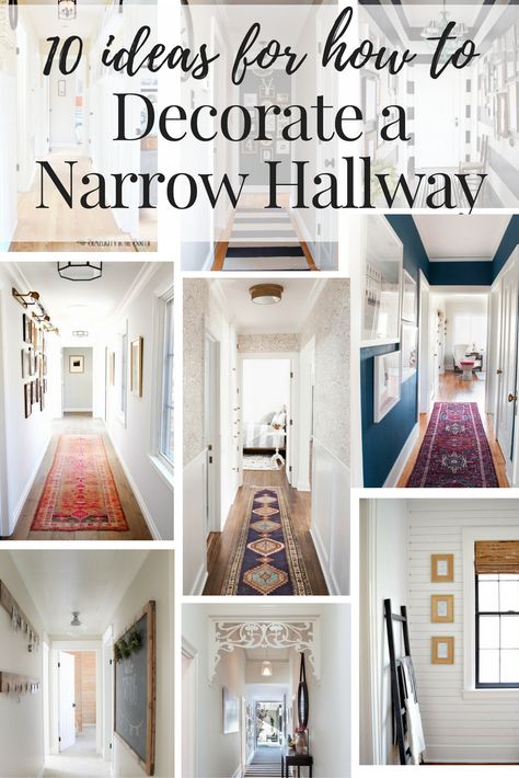 Inspiration and ideas on how to decorate your narrow hallways! This post rounds up 10 gorgeous hallways with great ideas for the lighting, flooring, and walls in your boring hall. Decorate A Narrow Hallway, Decorating A Narrow Hallway, Narrow Hallway Decorating Ideas, Apartment Entryway, Narrow Hallway Decorating, Hallway Inspiration, Hallway Flooring, Upstairs Hallway, Hallway Wall Decor