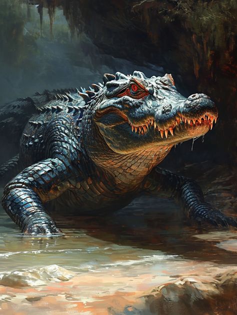 Giant Alligator, Dnd Portraits, Fantasy Aesthetics, Black Teeth, World Building, Crocodiles, High Fantasy, Wild Animals, Reptiles