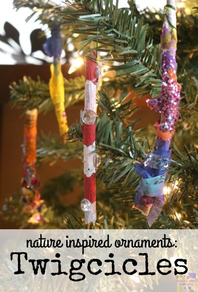 Nature Inspired Ornaments for your tree using twigs!  Kids will love making his/her own Twigcicles! Yule With Kids, Yule Crafts For Kids, Nature Provocations, Shapes With Playdough, Outdoor Christmas Activities, Tissue Paper Ornaments, Outdoor Tree Ornaments, Winter Nature Crafts, Nature Based Activities