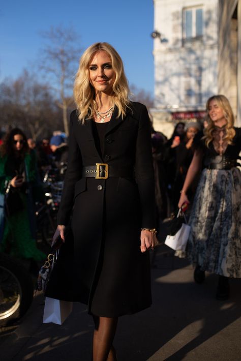 PARIS, FRANCE - JANUARY 21: Chiara Ferragni is seen on the street attending CHRISTIAN DIOR during Paris Haute Couture Fashion Week wearing Dior belt with black coat on January 21, 2019 in Paris, France. (Photo by Matthew Sperzel/Getty Images) Christian Dior Belt Outfit, Dior Belt Outfit, Dior Fashion Week, Dior Street Style, Dior Belt, Dior Outfit, Chiara Ferragni Style, Paris Haute Couture, January 21