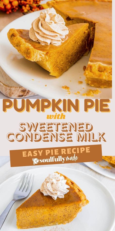 Golden delicious Pumpkin Pie with Sweetened Condensed Milk captures all the fall flavors of creamy pumpkin spice in a golden flaky crust. The best part is that it is so easy to make with these simple ingredients—but it will look like you spent the entire day in the kitchen. Pumpkin Pie Recipe With Condensed Milk, Condensed Milk Pumpkin Pie, Punkin Pie Recipe, Pumpkin Pie With Sweetened Condensed, Fresh Pumpkin Pie, Best Pumpkin Pie Recipe, Sweetened Condensed Milk Recipes, Unicorn Quilt, Pumpkin Pie Recipe Easy