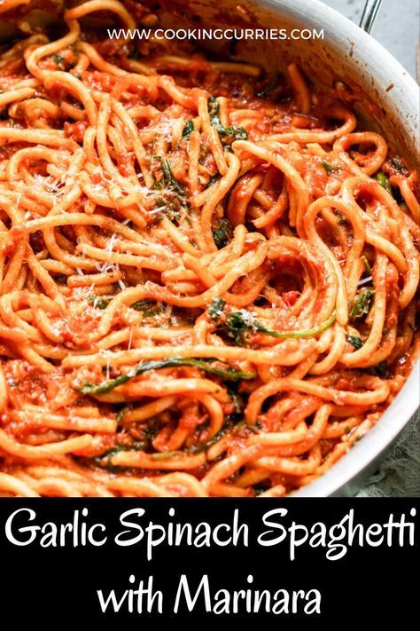 Spinach And Spaghetti Recipes, Vegetarian Marinara Pasta, Health Spaghetti Recipes, High Protein Vegetarian Spaghetti, Spinach Marinara Pasta, Spaghetti Recipes With Spinach, Marinara Spaghetti Recipes, Vegetarian Speggetti, Spaghetti Sauce With Spinach