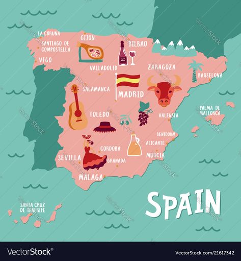 Map Of Spain, Geography Map, Tourist Map, People Food, Poster Illustration, Vector Map, Travel Map, Benidorm, Travel Illustration