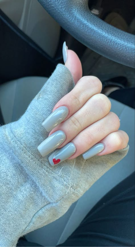 Grey Nail Designs Square, Gray And Red Nails Ideas, Grey French Tip Acrylic Nails, Red Grey Nails, Red And Grey Nails Ideas, Grey Simple Nails, Grey Valentine Nails, Grey Red Nails, Gray Valentines Day Nails