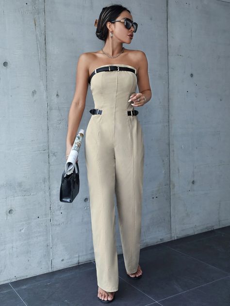 Buckle Detail Backless Tube Jumpsuit | SHEIN UK Tube Top Jumpsuit Outfit, Buckle Jumpsuit, Fitted High-waist Strapless Jumpsuit With Pockets, Spring Strapless Wide-leg Jumpsuit With Pockets, Tube Jumpsuit, Jumpsuits For Women, Buckle, Jumpsuit