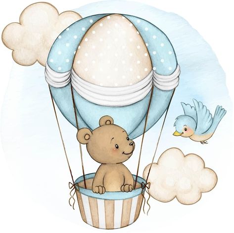 Cute watercolor bear on air balloon | Premium Vector #Freepik #vector #baby-bear #baby-shower-watercolor #cartoon-card #baby-shower-bear Teddy Bear Air Balloon, Teddy Bear Cartoon, Baby Art Projects, Baby Teddy, Baby Frame, Baby Stickers, Baby Clip Art, Baby Album, Baby Art