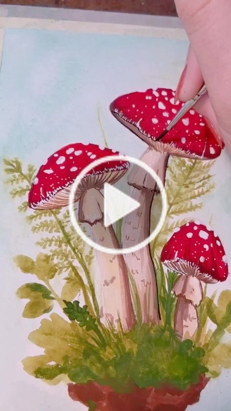 Mushroom Mural, Mushroom Painting Ideas, Jelly Gouache, Clover Painting, Himi Gouache, Mushroom Painting, Mushroom Paint, Manga Hair, Mushroom Drawing