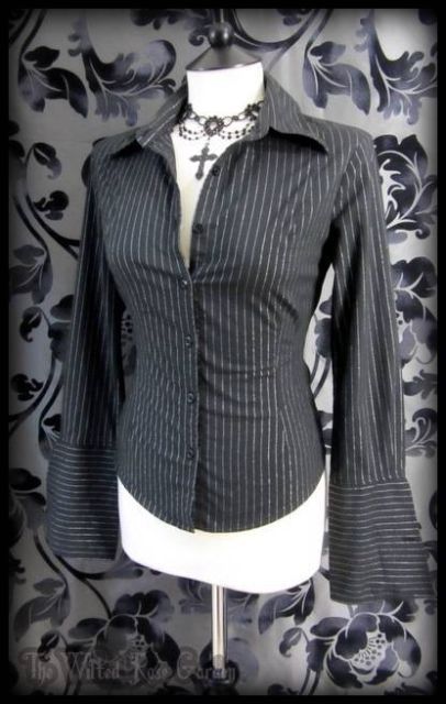 Goth Black Silver Pinstripe Large Cuff Fitted Blouse 8 10 Steampunk Victorian | THE WILTED ROSE GARDEN on eBay // Worldwide Shipping Available Black Clothes Ideas, Goth Blouse Outfit, Fitted Shirt Outfit Women, Victorian Inspired Outfits, Victorian Goth Outfits, Goth Style Outfits, Black Striped Shirt Outfit, Corporate Goth Outfits, Black Dress Shirt Women