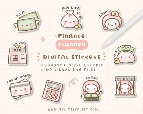 Cute Finance Digital Planner Stickers for Goo Digital Art Kawaii, Goodnotes Planner Stickers, Kawaii Planner Stickers, Planner Stickers Digital, Stickers For Goodnotes, Kawaii Planner, Planner Icons, Digital Planner Stickers, Art Kawaii