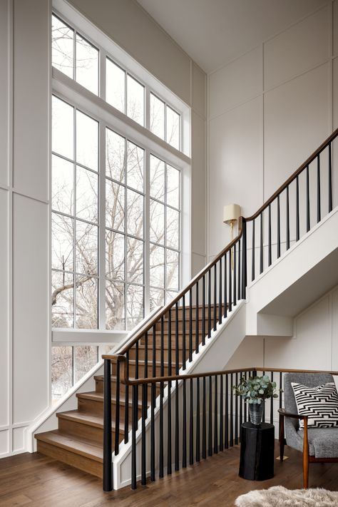 Staircase Spindles, Wrought Iron Stair Railing, Hallway Stairs, Designer Homes, Staircase Railing Design, Iron Stair Railing, Wrought Iron Stairs, Herringbone Wood Floor, Entry Stairs