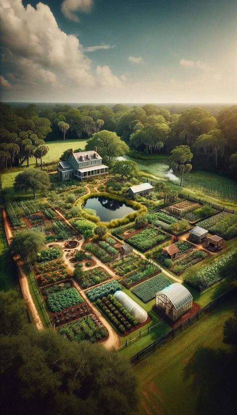 Garden Farm Design, 1 Acre Yard Landscaping, Home Farming Ideas, Large Off Grid Home, Homestead Homes House, Dream Farm Homes, Rural Landscape Design, 50 Acres Of Land, 100 Acres Of Land