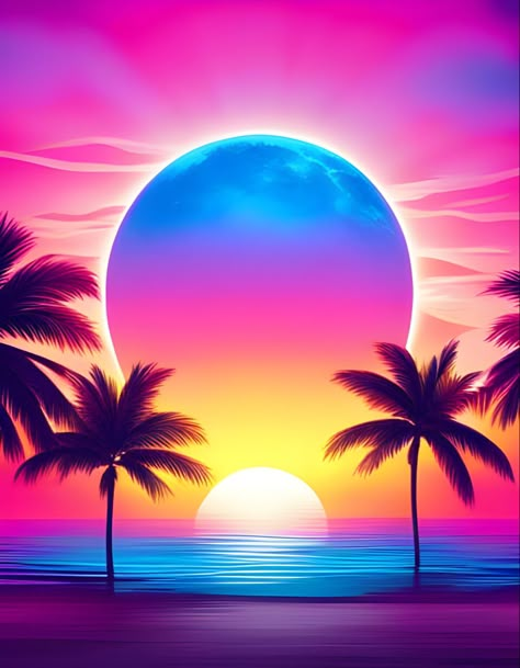 A colorful neon sunset over the ocean with fantasy moon and palm trees in a vaporwave aesthetic Where To Apply Contour, Apply Contour, Blush Application, Sunset Canvas Painting, Background 4k, Pastel Sunset, Sunset Images, View Wallpaper, Watercolor Sunset