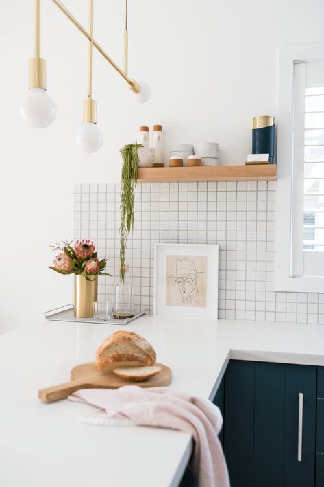 A backyard cottage becomes a charming Northern Beaches retreat Renovated Backyard, White Tile Splashback, Square Tile Backsplash, White Square Tiles, Retreat Home, Small White Kitchens, Kitchen Splashback Tiles, House Makeovers, White Kitchen Tiles