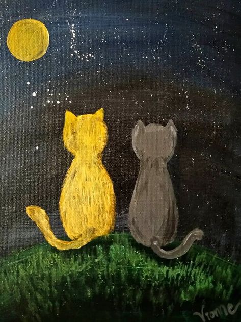 Silhouette Paintings On Canvas, Butterfly Painting Easy Acrylic, Cat Art Painting Acrylic, How To Paint A Cat Easy, Cat Acrylic Painting Ideas, Cat And Dog Painting Easy, Easy Painting Ideas Animals, Painting Ideas Cat Easy, Acrylic Painting Ideas Cat