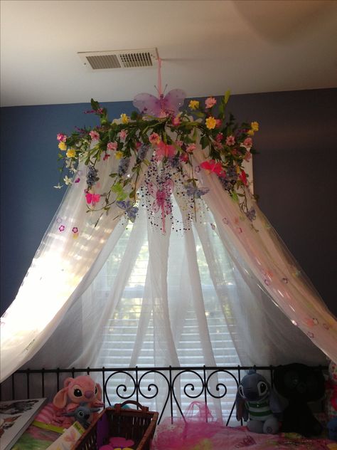 My DIY version of a canopy for my 7 year old daughters bedroom.  Made from a hula hoop, curtains and other adornments. Fairy Bedroom, Fairy Room, Full Blue, Daughter Bedroom, Princess Room, Modern Curtains, Canopy Bed, Big Girl Rooms, Cool Ideas