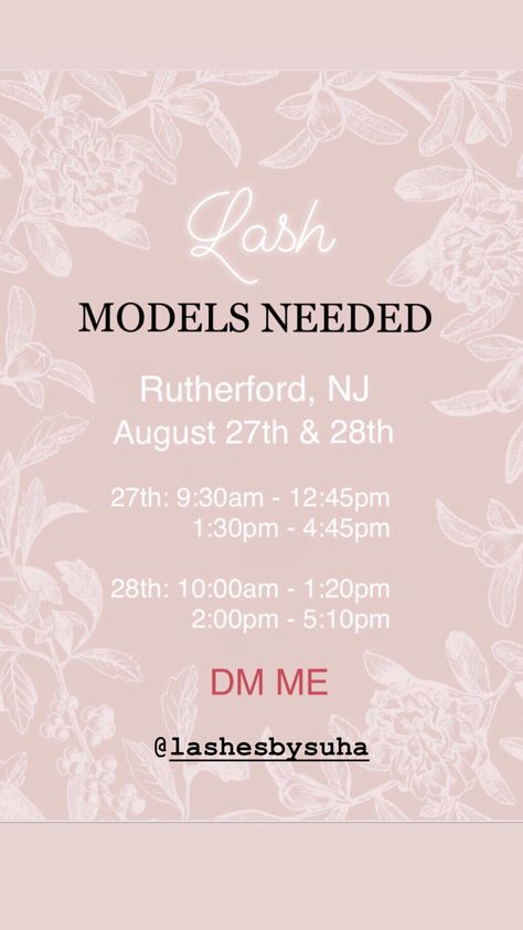 Lash models needed! August 27&28 2019 in Rutherford,NJ You will receive a $50 gift card to Xtremelashes! Follow @LashesBySuha on Instagram for more info! Eyelash Models Needed, Lash Models Needed, Lash Marketing, Lash Decor, Eyelash Extensions Aftercare, Eyelash Extensions Salons, Lash Business, Models Needed, Eyelash Extentions