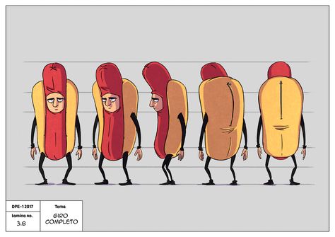 HOT DOG - Character Model Sheet on Behance Turnaround Reference Character Sheet, Cartoon Character Sheet, 2d Character Model Sheet, Character Turnaround Sheet, Turnaround Sheet, Hot Dog Cartoon, Model Sheet Character, Zombie Survivor, Dog Character