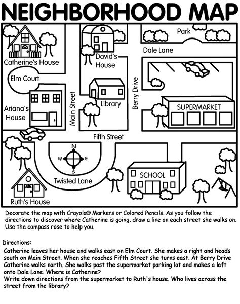 This neighborhood map can be used for teaching map skills to primary age children through relative terms using their own environment. This map can be adapted to teach certain map skills, terms of location, and spatial relationships. 1st Grade Map Activities, Teaching Map Skills, Teaching Maps, Social Studies Maps, Kindergarten Social Studies, Map Worksheets, Homeschool Geography, Map Activities, Map Skills