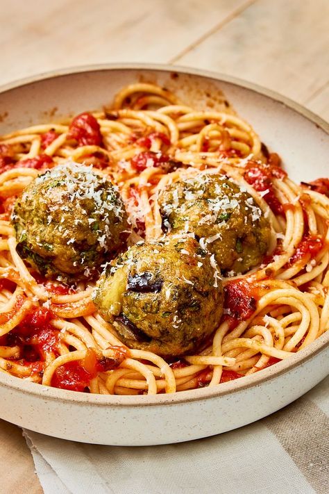 Aunt Mary's Eggplant Balls Eggplant Balls Recipes, Eggplant Meatballs Recipes, Eggplant Balls, Yogurt Ideas, Pasta With Tomato Sauce, Eggplant Meatballs, Mediterranean Diet Recipes Dinners, Egg Plant, Roast Eggplant