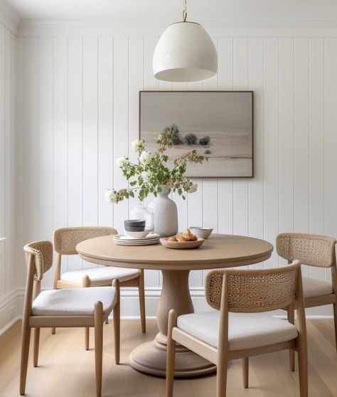 Coastal Contemporary Dining Room, Circle Wood Dining Table, White Circle Dining Table, Arhaus Dining Room Inspiration, Small Dining Space Ideas, Round Dining Room Table Decor, Round Kitchen Tables, Dining Room Lighting Over Table, Dinig Room