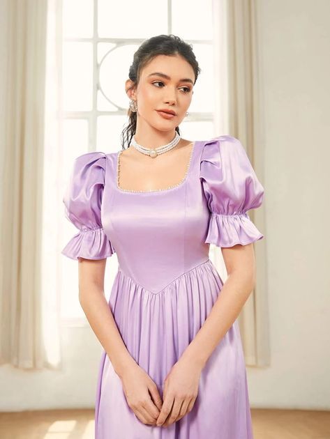 SHEIN Puff Sleeve Flare Hem Satin Dress | SHEIN USA Satin Frocks For Women, Lavender Satin Dress, Purple Satin Dress, Satin Clothing, Hand Dress, Party Aesthetic, Frock For Women, Lavender Dresses, Purple Satin