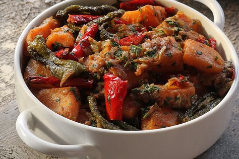 Winter Soufico - Ikarian Pumpkin Stew with Dried Chiles | Greek Food - Greek Cooking - Greek Recipes by Diane Kochilas Diane Kochilas, Blue Zones Diet, Blue Zones Recipes, Longevity Recipes, Pumpkin Stew, Savory Pumpkin, Greek Recipe, Greek Cooking, Baked Vegetables