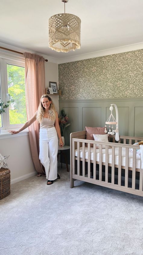 Nursery With Panel Walls, Wall Panel Nursery, Panel Wall Nursery, Nursery Panelling And Wallpaper, Nursery Wall Paneling, Paneling Nursery, Bedroom Molding Ideas, Panelling Nursery, Nursery Panelling