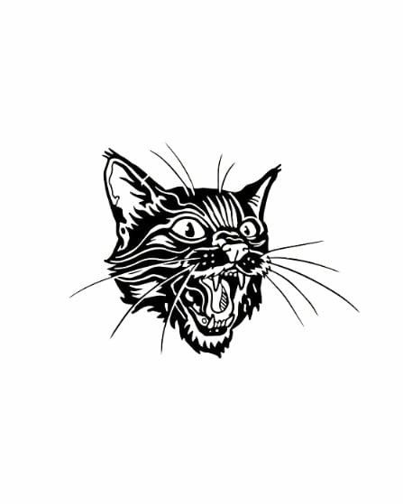 Retro Vintage Tattoo, Black Cat Hissing Tattoo, American Traditional Tattoos Black Cat, Traditional Cat Head Tattoo, Emo American Traditional Tattoos, Black Work Cat Tattoo, Black Cat American Traditional Tattoo, Edgy Cat Tattoo, Mostly Black Tattoo