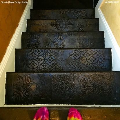 12 diy paint stencil ideas for your stairs Stenciled Stair Treads, Stenciled Stair Risers Paint, Staircase Stencil Ideas, Tiled Stair Risers, Riser Ideas For Stairs, Stair Painting Ideas, Stencil Stairs, Stair Risers Ideas, Painted Staircase Ideas