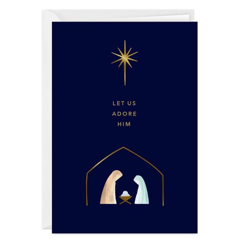 Create your own Hallmark Christmas greeting card! Just upload your photos and add a message to send a one-of-a-kind personalized card to someone special. Faith-based design features a contemporary illustration of the nativity scene with Mary, Joseph, baby Jesus and the North Star, and a spiritual message in gold block lettering. Vertical folded card. | Message: Front: Merry Christmas to you. Inside: Here's to celebrating the goodness of this sweet season. Customizable design includes space to add your own message on the front and inside. | Includes one card and one envelope with a Gold Crown seal. Envelope color may vary. | Card pkg. size: 5" W x 7.19" H Manger Christmas Cards, Christmas Jesus Illustration, Christian Christmas Cards Handmade Easy, Modern Nativity Scene, Merry Christmas With Jesus, Christmas Envelope Design, Christian Christmas Cards Handmade, Christmas Cards Handmade Easy, Catholic Christmas Cards