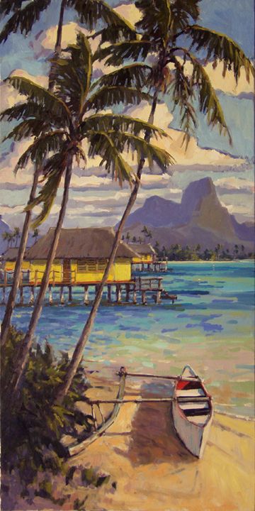 Ronaldo Macedo, "Tahitian Dreams" original in oil - size: 36x18 for pricing/availability email us at: lgi@maui.net or visit Lahaina Galleries website. Tahiti Painting, Island Art Tropical, Hawaiian Art Painting, Ronaldo Marcelo, Cottage Illustration, Palm Trees Painting, Tropical Painting, Hawaiian Art, Mermaid Painting