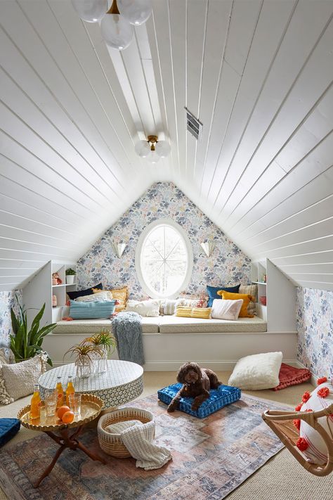 Bohemian Attic Room With Window Seat And Floral Wallpaper Attic Playroom Ideas, Attic Room Ideas, Attic Decor, Attic Bedroom Designs, Finished Attic, Hangout Room, Attic Playroom, Attic Loft, Attic Room