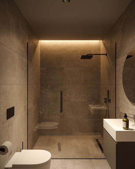 Bathroom Ideas Square Room, Stone Colored Bathroom, Modern Bathroom Design Colorful, Small Square Bathroom Design, Natural Colors Bathroom, Natural Stone Bathrooms, Toilet In Shower Area, Light Stone Bathroom, Spa Inspired Bathroom Small