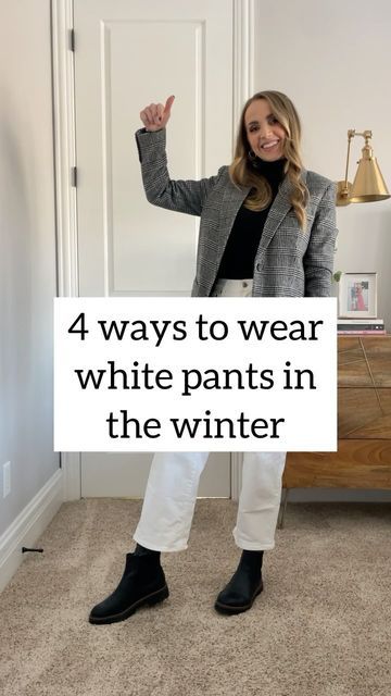 Merrick White / Style Educator on Instagram White Pants Winter Outfit Classy, White Trouser Winter Outfit, White Pant Winter Outfit, White Pants Christmas Outfit, White Wide Leg Jeans Outfit Winter, Winter Outfits With White Jeans, How To Wear White Jeans In Winter, White Jeans Black Boots, Winter White Jeans Outfit