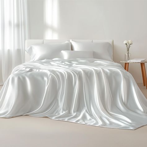 PRICES MAY VARY. Silky Texture: Designed to mimick the lavish feel of silk, these silky sheets offer exceptional softness, a buttery-smooth touch, and refined elegance. This satin sheet is Standard 100 by OEKO-TEX certified for meeting the highest testing criteria for harmful chemicals. Skin and Hair-Friendly: The silky texture of satin is easy on your hair and skin, preventing tugging and irritation throughout the night. Multiple Colors: Bedsure satin sheet set brings an effortlessly chic style White Satin Bedding, Silk Bedsheets Aesthetic, White Silk Sheets Aesthetic, White Silk Bed Sheets, Silk Sheets Aesthetic, White Silk Bedding, White Silk Sheets, White Satin Sheets, Utk Dorm