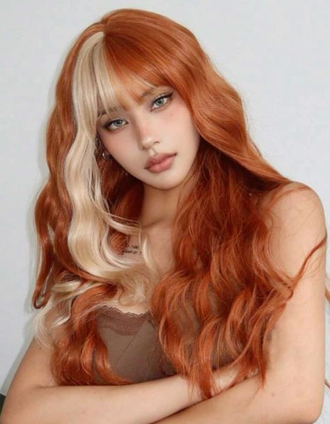 Long Curly Orange Hair, Orange Blonde Hair Color, Blonde And Red Hair Highlights, Bangs Different Color Than Hair, Blonde With Orange Highlights, Orange With Blonde Highlights, Orange Hair With Bangs, Orange Hair Makeup, Blonde And Orange Hair