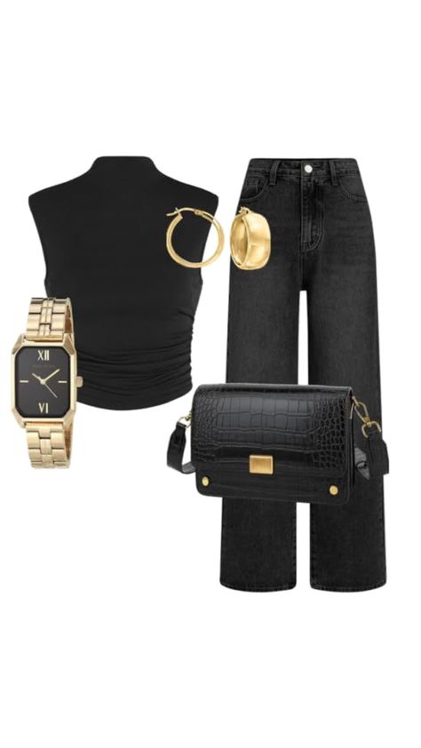 Black And Gold Outfit, Gold Outfit, Looks Party, Casual Chic Outfit, Inspiration Mode, Casual Style Outfits, Mode Inspiration, Lookbook Outfits, Polyvore Outfits