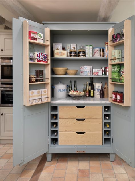 Painted kitchen specialists at John Lewis of Hungerford have developed freestanding pantries in the style of their popular Shaker kitchens. Pantry includes a marble shelf, soft close drawers, wine storage and behind door racks. £7,000, john-lewis.co.uk Shaker Pantry, Kitchen Standing Cabinet, Free Standing Kitchen, Kitchen Larder Cupboard, Free Standing Kitchen Pantry, Small Kitchen Pantry, Kitchen Pantry Cupboard, Kitchen Larder, Cabinet Designs