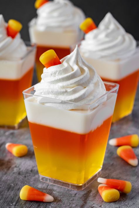 Candy Corn Fruit Parfait, Mini Jello Desserts Cups, Candy Corn Jello Cups, Candy Corn Parfait, Pudding Halloween Cups, Halloween Gelatin Desserts, Halloween Jello Molds, Mini Jello Cups, Candy Corn Halloween Treats